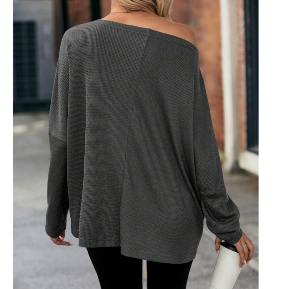 Solid Off Shoulder Loose Fit Waffle Long Sleeve Top - Picture 15 of 16